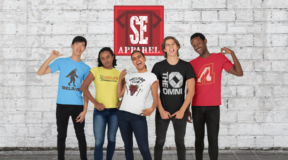 alt="SE Apparel retro T-shirts designed by Black Cat MFG for clubs, shows, and stations"